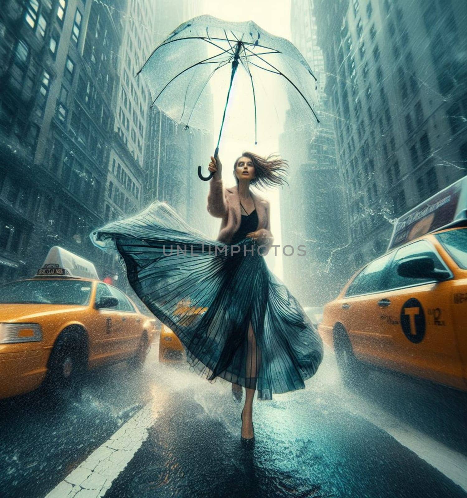 voluptous woman umbrella joyful under the rain New York City among traffic crossing street painting by verbano