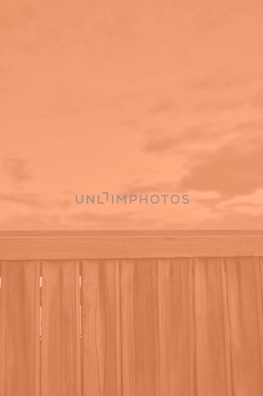 Peach Fuzz view of the sunset sky from behind the fence. Monochrome color 2024. High quality photo