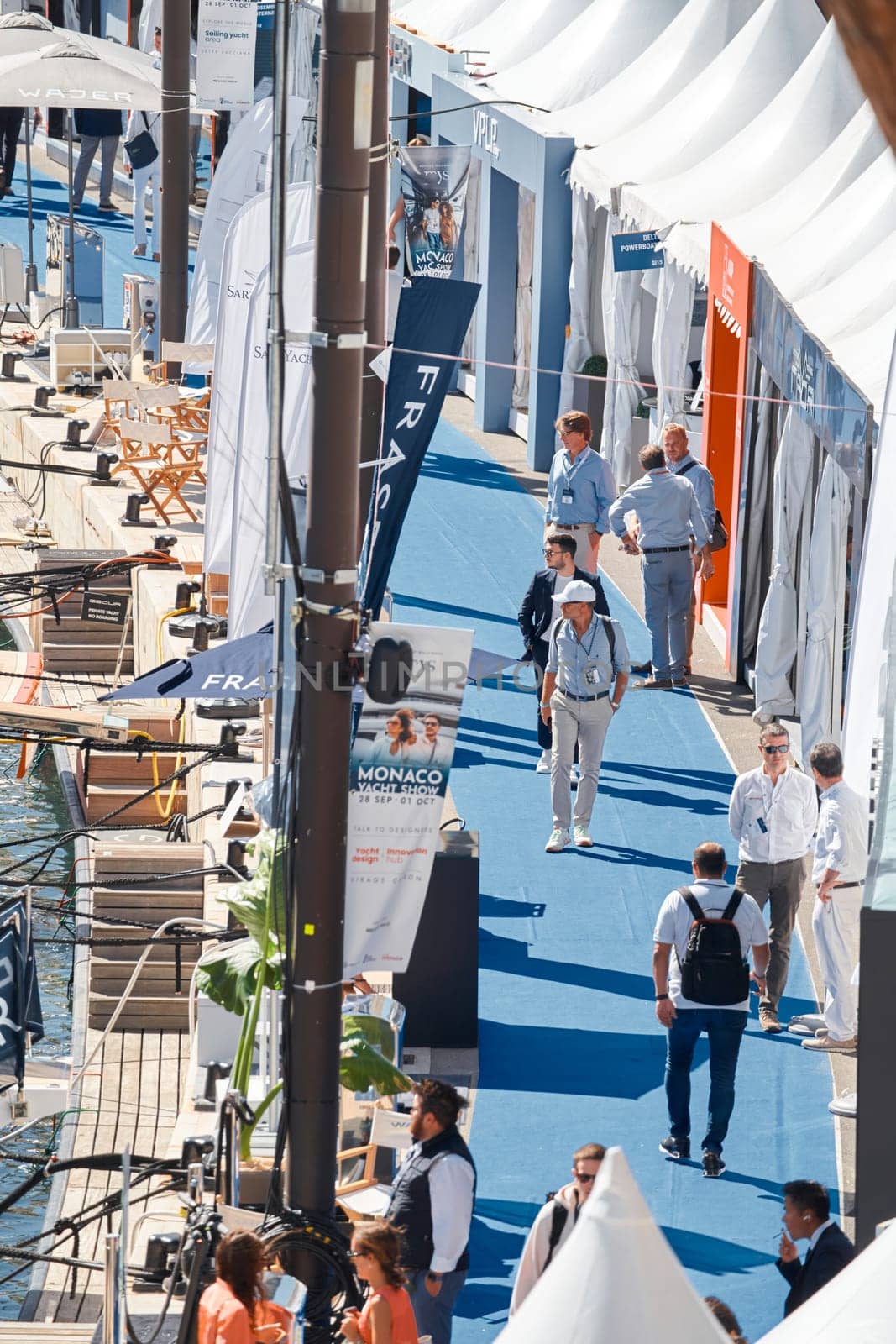 Monaco, Monte Carlo, 27 September 2022 - a lot of luxury yachts at the famous motorboat exhibition in the principality, the most expensive boats for the richest people around the world, yacht brokers. High quality photo