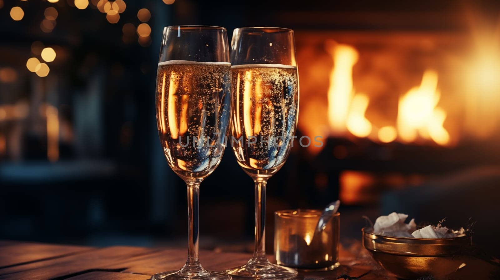 Two elegant glasses of champagne are on the table in the evening, against the background of a blurred burning fireplace.