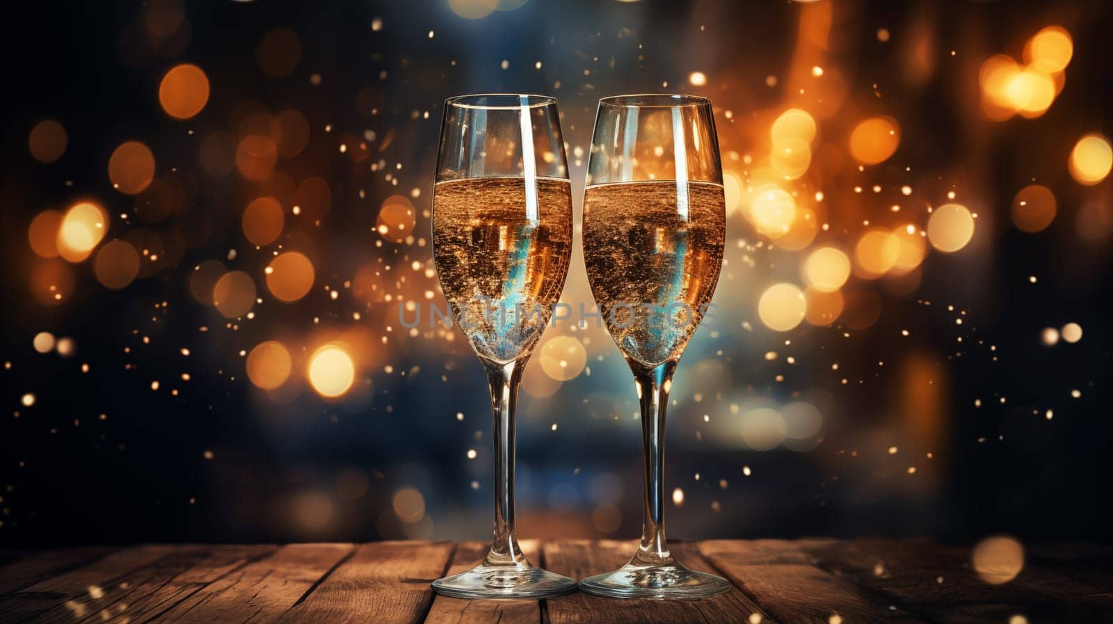 Two glasses of champagne with particles of gold stand on the wooden table in the evening, surrounded by golden bokeh lights.