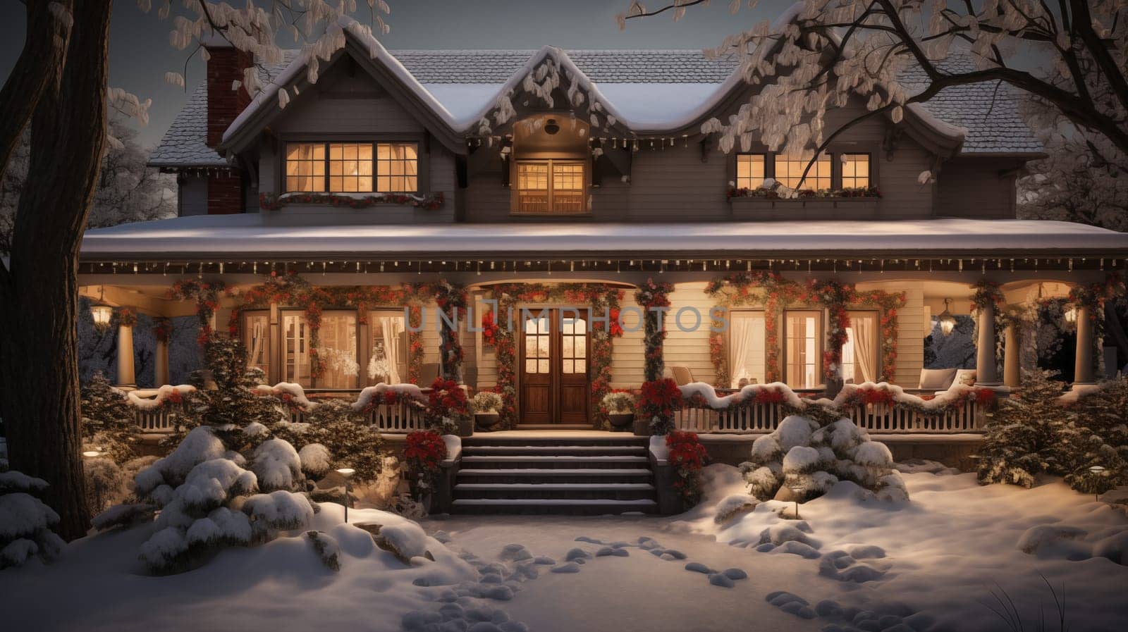 Night view of a snow-covered, beautiful country house decorated for Christmas.