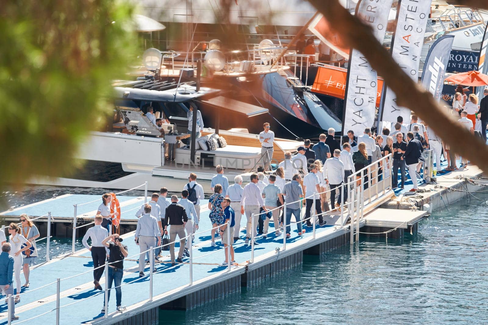 Monaco, Monte Carlo, 27 September 2022 - a lot of luxury yachts at the famous motorboat exhibition in the principality, the most expensive boats for the richest people around the world, yacht brokers. High quality photo