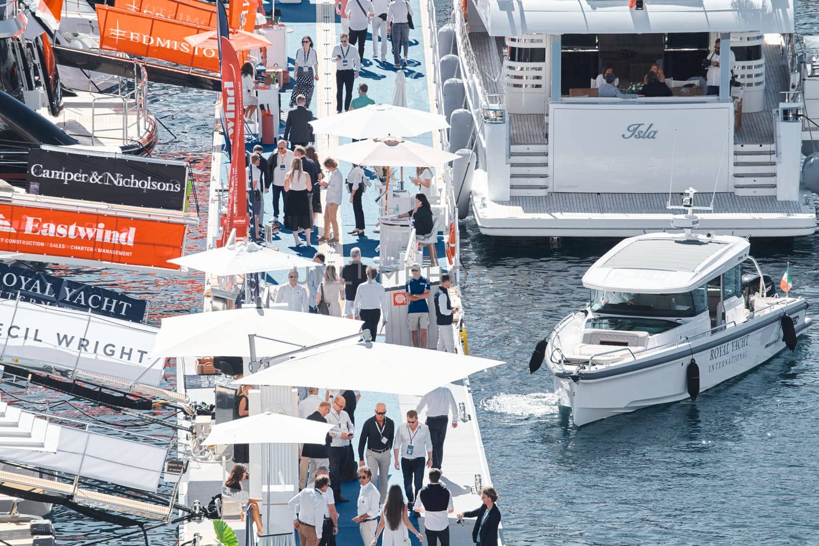 Monaco, Monte Carlo, 27 September 2022 - a lot of luxury yachts at the famous motorboat exhibition in the principality, the most expensive boats for the richest people around the world, yacht brokers. High quality photo