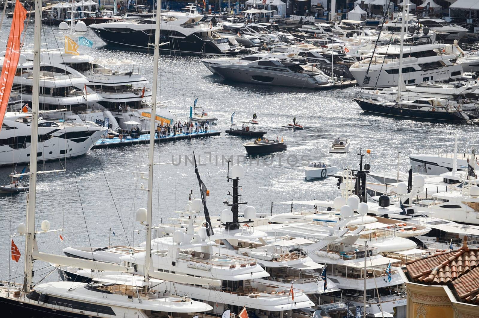 Monaco, Monte Carlo, 27 September 2022 - a lot of luxury yachts at the famous motorboat exhibition in the principality, the most expensive boats for the richest people around the world, yacht brokers. High quality photo