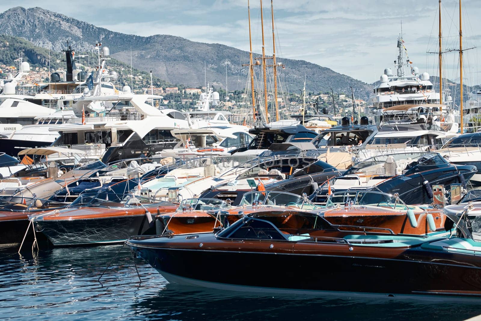 Monaco, Monte Carlo, 27 September 2022 - a lot of luxury yachts at the famous motorboat exhibition in the principality, the most expensive boats for the richest people around the world, yacht brokers. High quality photo