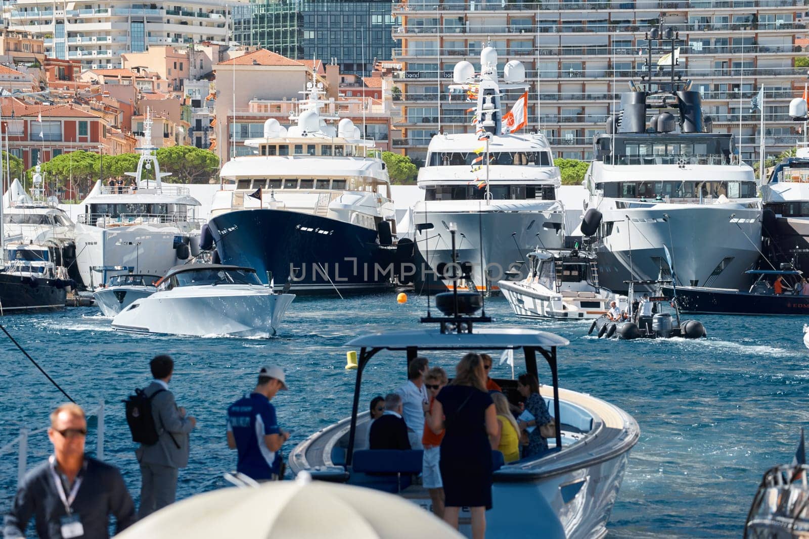 Monaco, Monte Carlo, 27 September 2022 - a lot of luxury yachts at the famous motorboat exhibition in the principality, the most expensive boats for the richest people around the world, yacht brokers. High quality photo