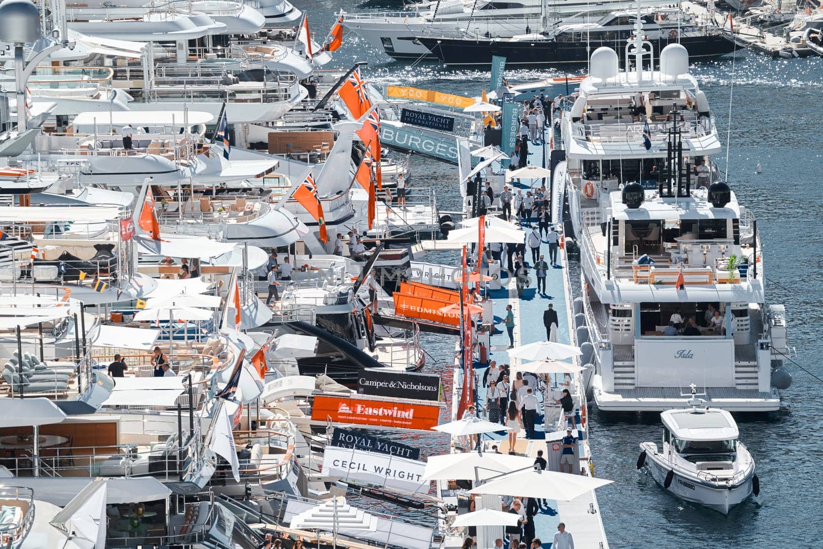 Monaco, Monte Carlo, 27 September 2022 - a lot of luxury yachts at the famous motorboat exhibition in the principality, the most expensive boats for the richest people around the world, yacht brokers. High quality photo