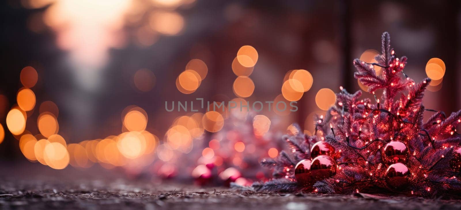 Background with Christmas trees, Christmas balls and blurred bokeh creates a festive atmosphere.