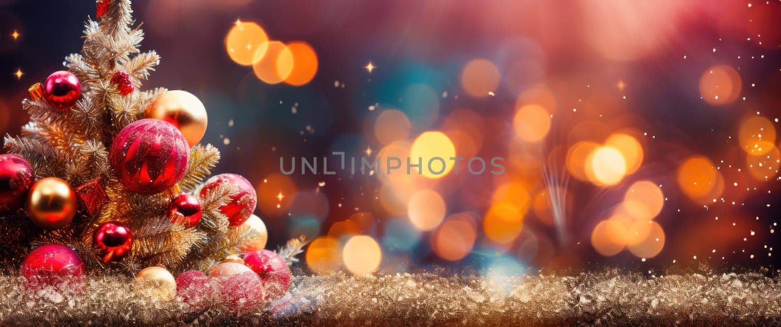 Shimmering Christmas balls on Christmas tree on blurred background