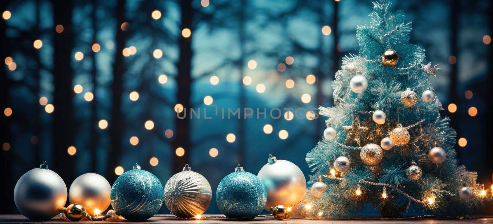Winter view with christmas tree garland and blurred background in fairytale forest