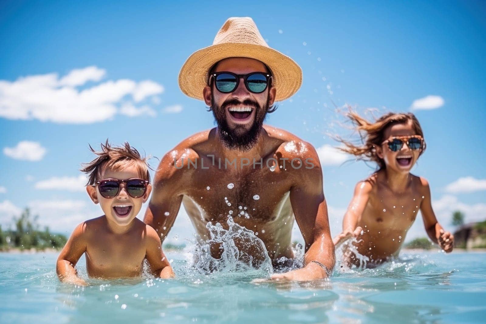 Happy father bathing with his children in the sea