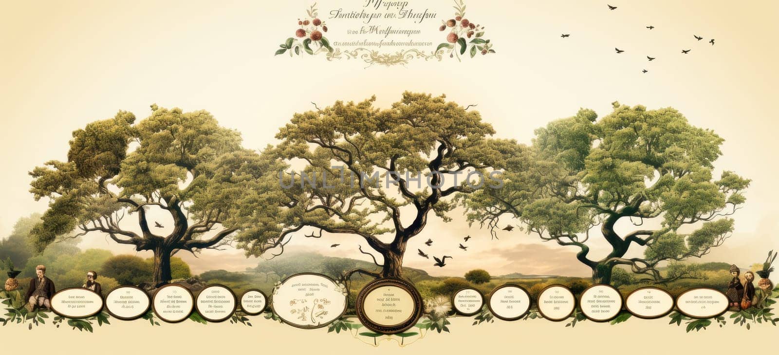 Unique postcard with family tree and ovals for photos