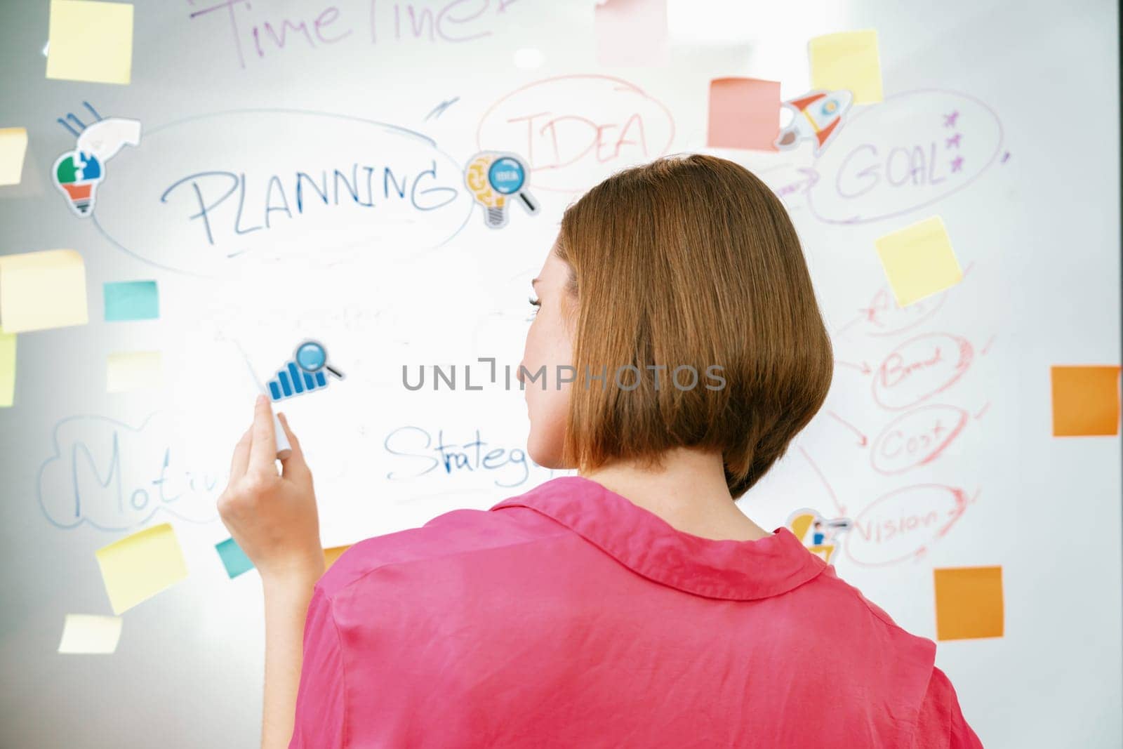 Beautiful businesswoman putting sticker on glass board while thinking about creative marketing strategy by using mind map and sticky note. Creative business meeting concept. Back view. Immaculate.