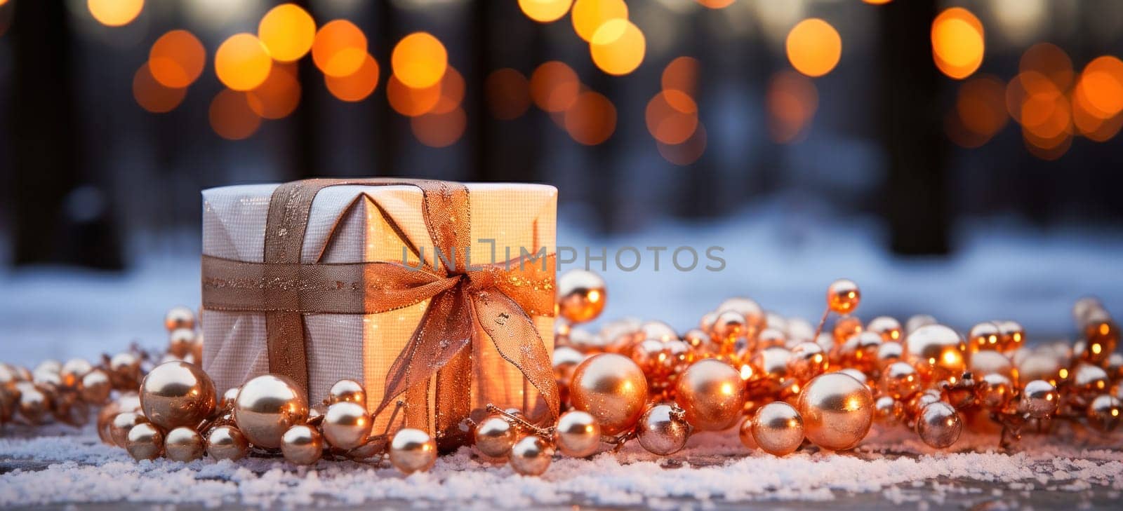 Festive background with bright box and shiny Christmas balls