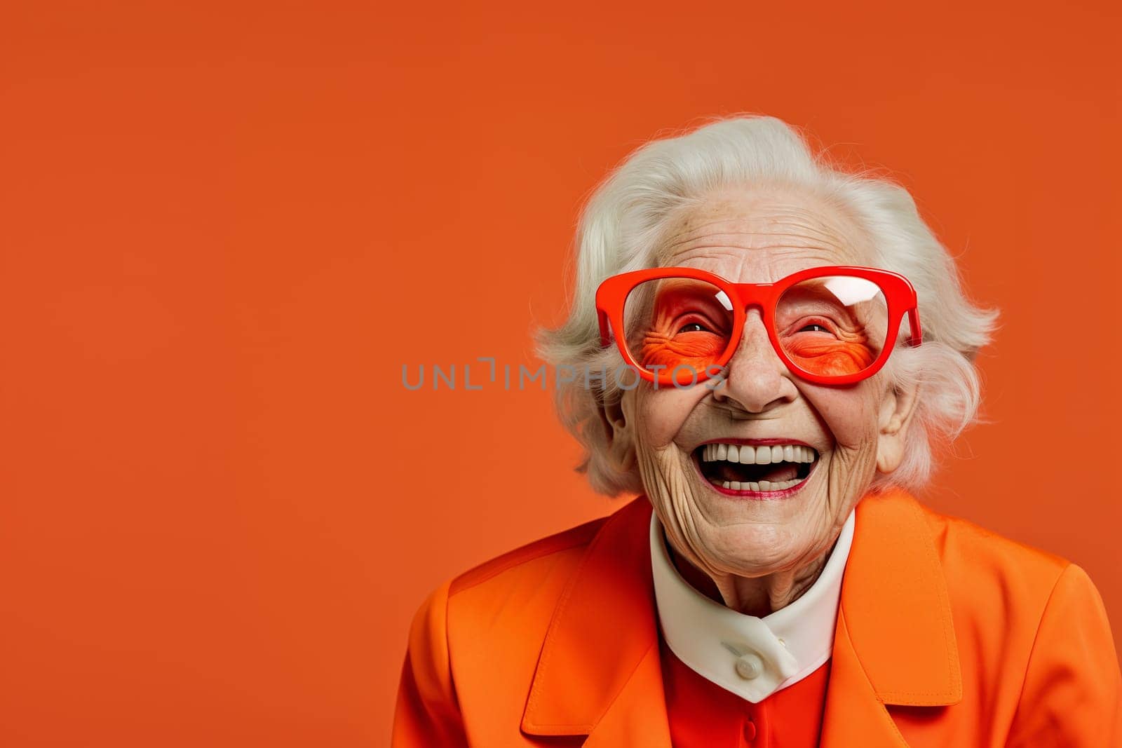 Funny image of an elderly woman with big glasses - orange background - generative AI