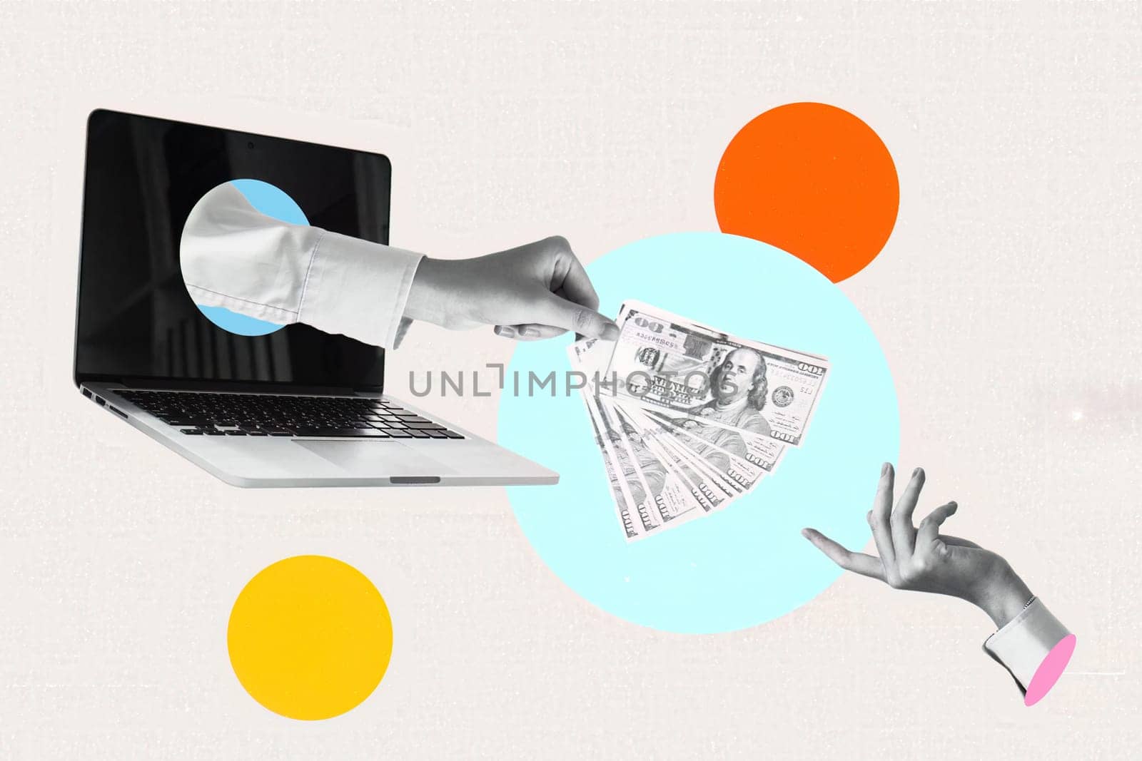 Collage with hands passing money sticking out of laptop. Online payment concept by itchaznong