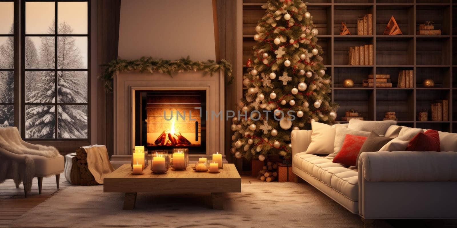 Interior of decorated living room with Christmas tree and comfortable sofa for family comeliness