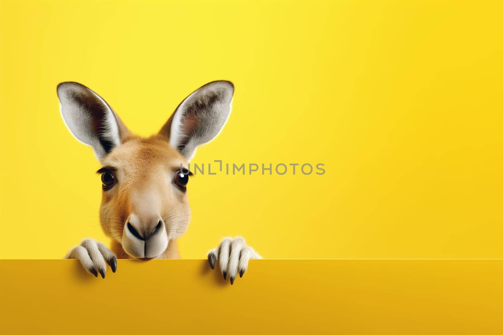 Funny lively kangaroo isolated on yellow background. Banner with kangaroo and copy space.