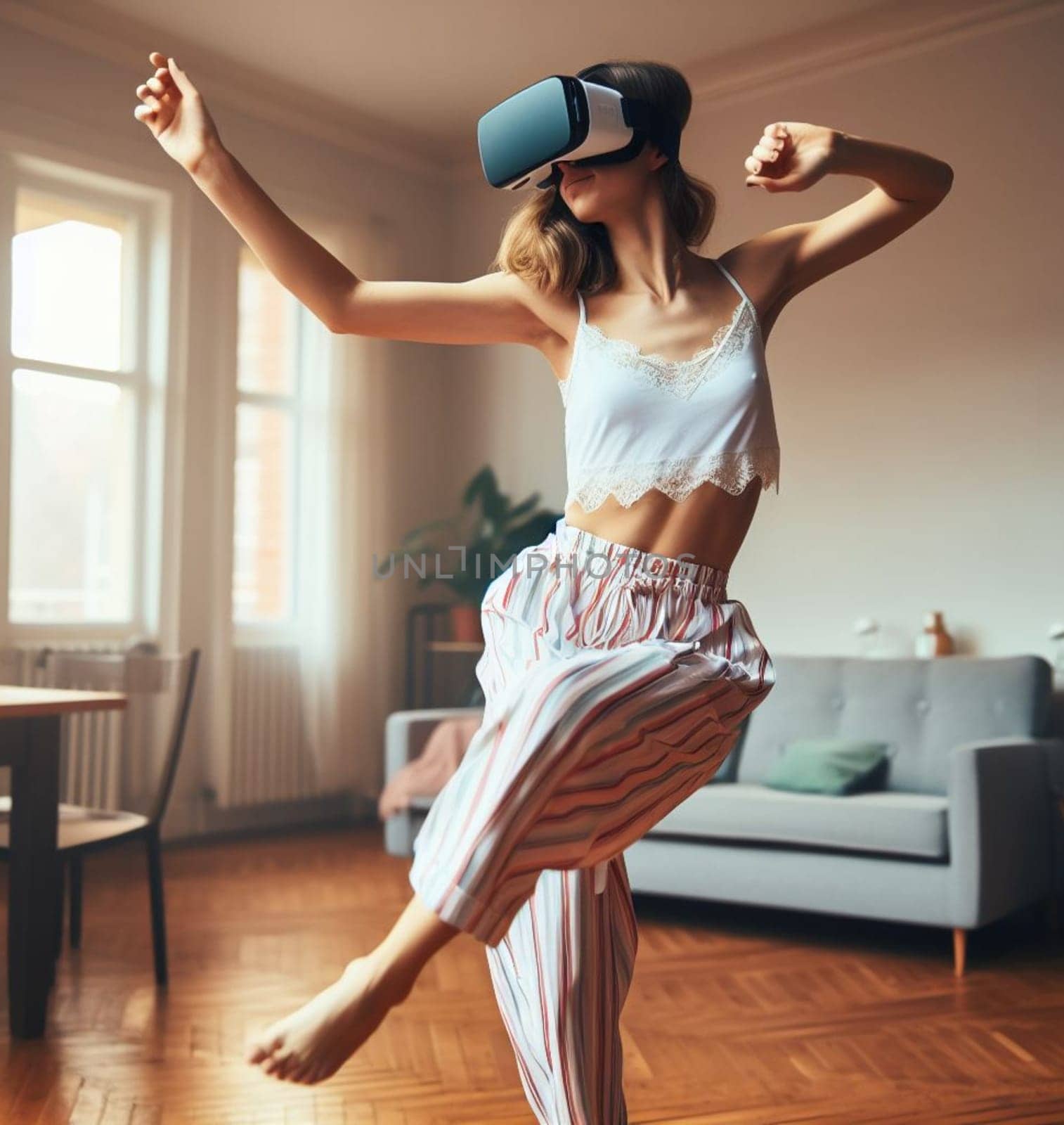 fit young woman wearing pajamas and vr googles play sport strect excercise total immersion by verbano