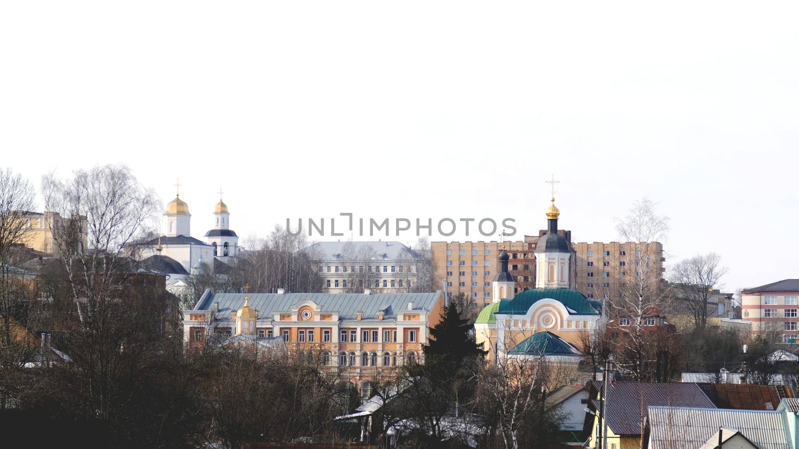 City view with Church landmark. Stock footage. Urban landscapes in the winter day.