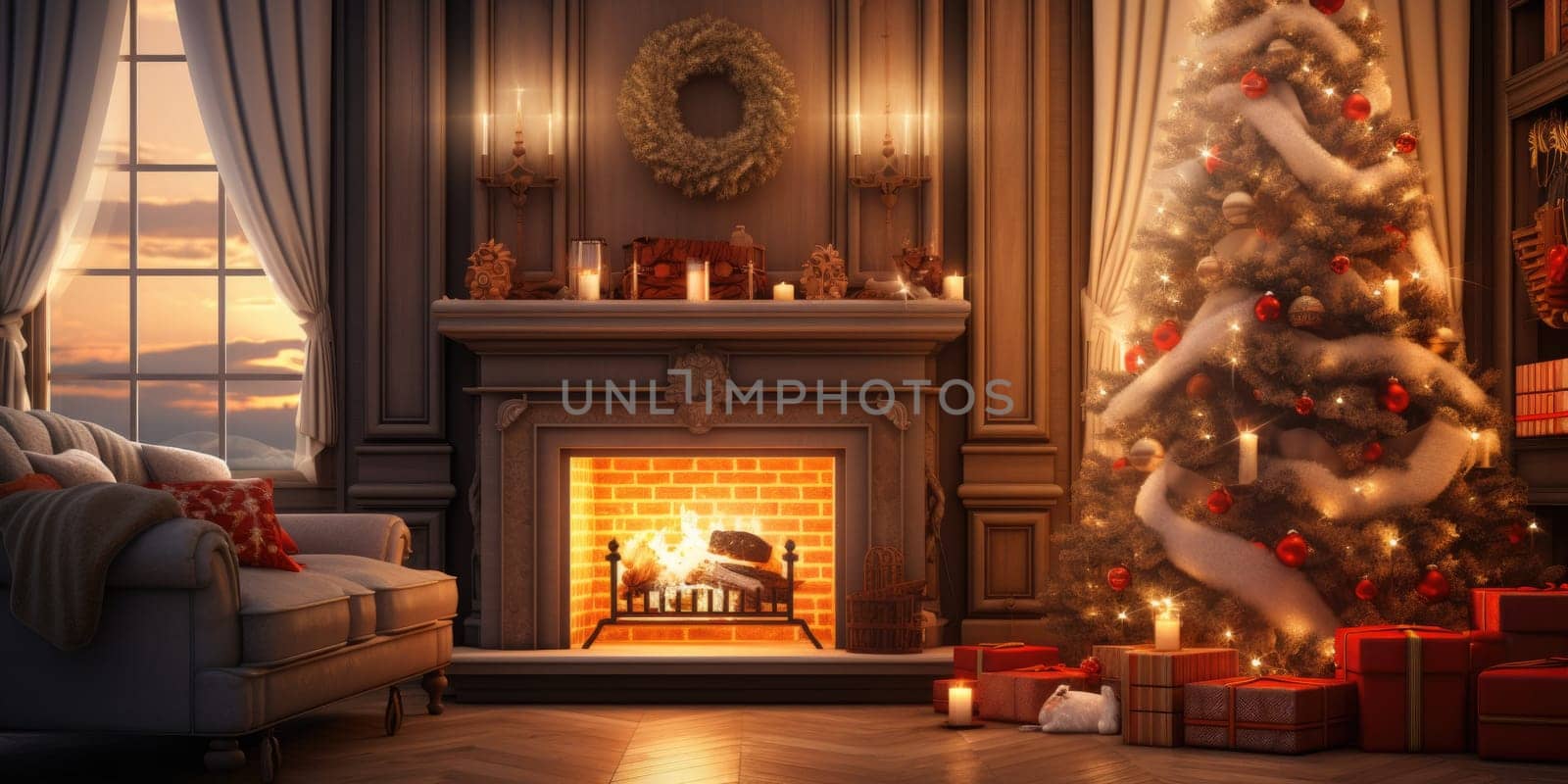 Interior of decorated living room with Christmas tree and comfortable sofa for family comeliness