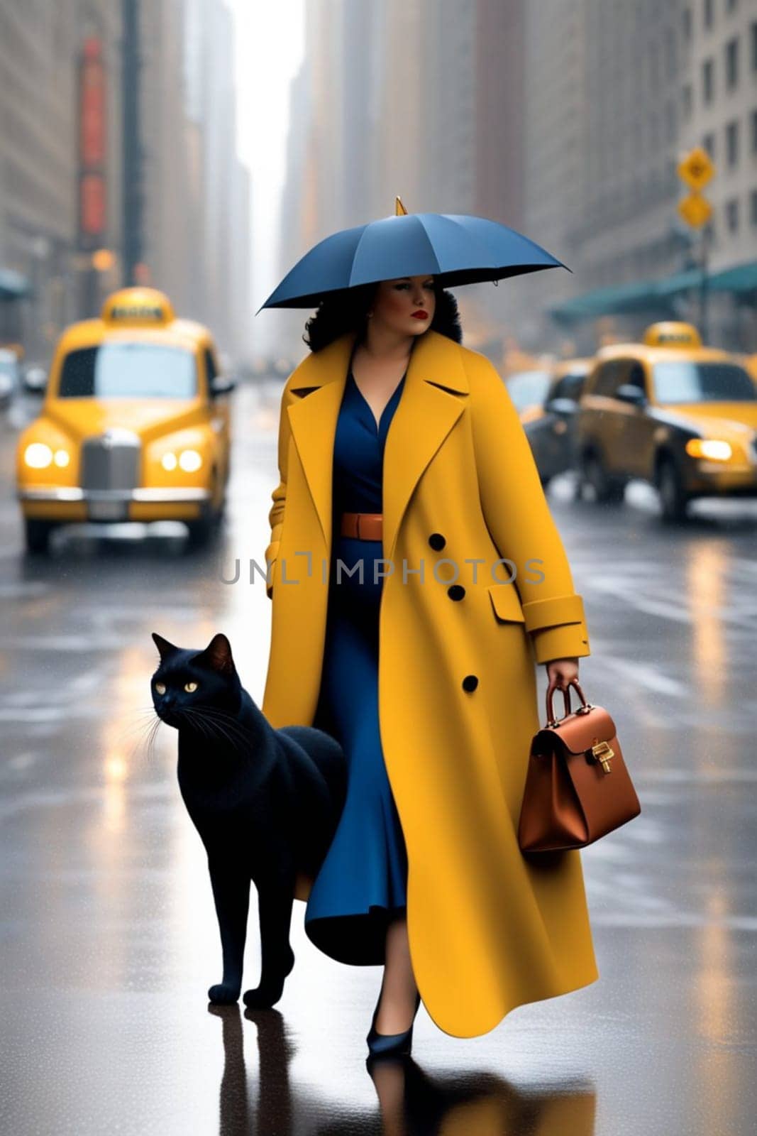 Vibrant curvy classy lady, yellow winter coat high heels,rain, walk New york city taxis, big cat by verbano