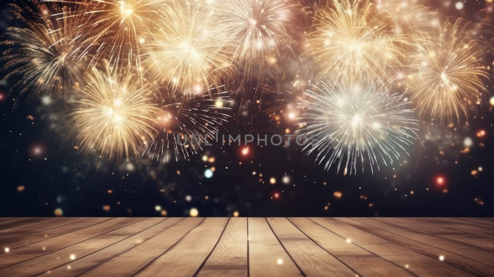 Wooden table or floor empty for product placement with new year firework in background comeliness