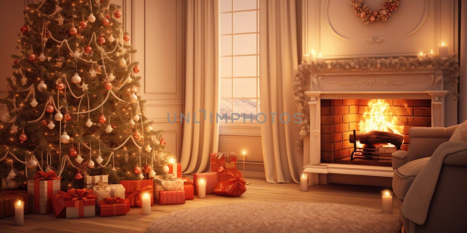 Interior of decorated living room with Christmas tree and comfortable sofa for family comeliness