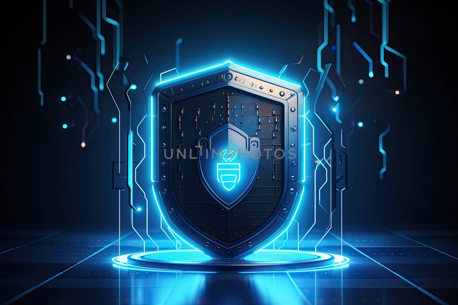 Shield protection inside on blue background The concept of cyber security the Internet by papatonic