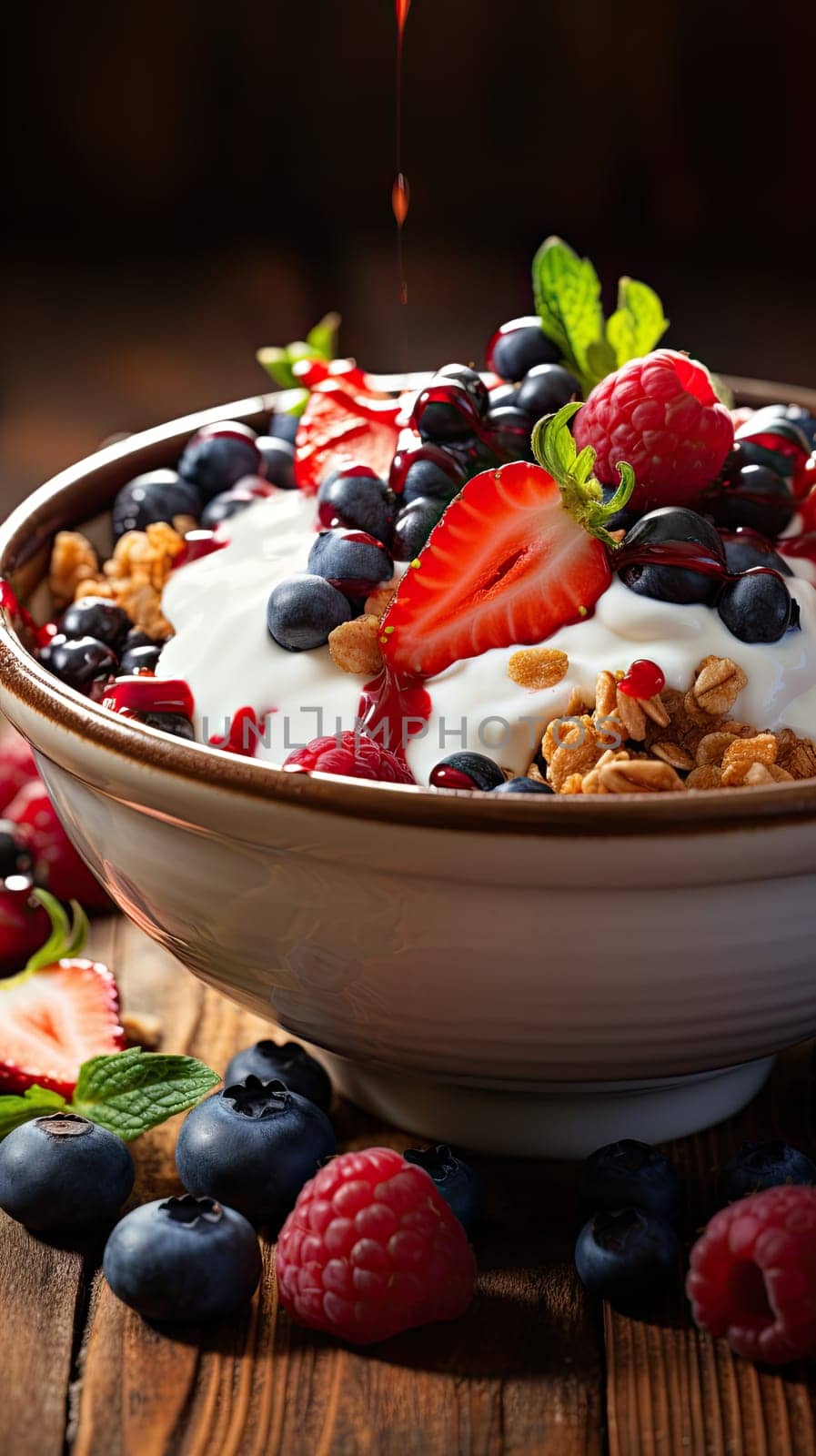 Close up of bowl with creamy Greek yogurt topped with colorful assortment of fresh berries and crunchy granola by papatonic