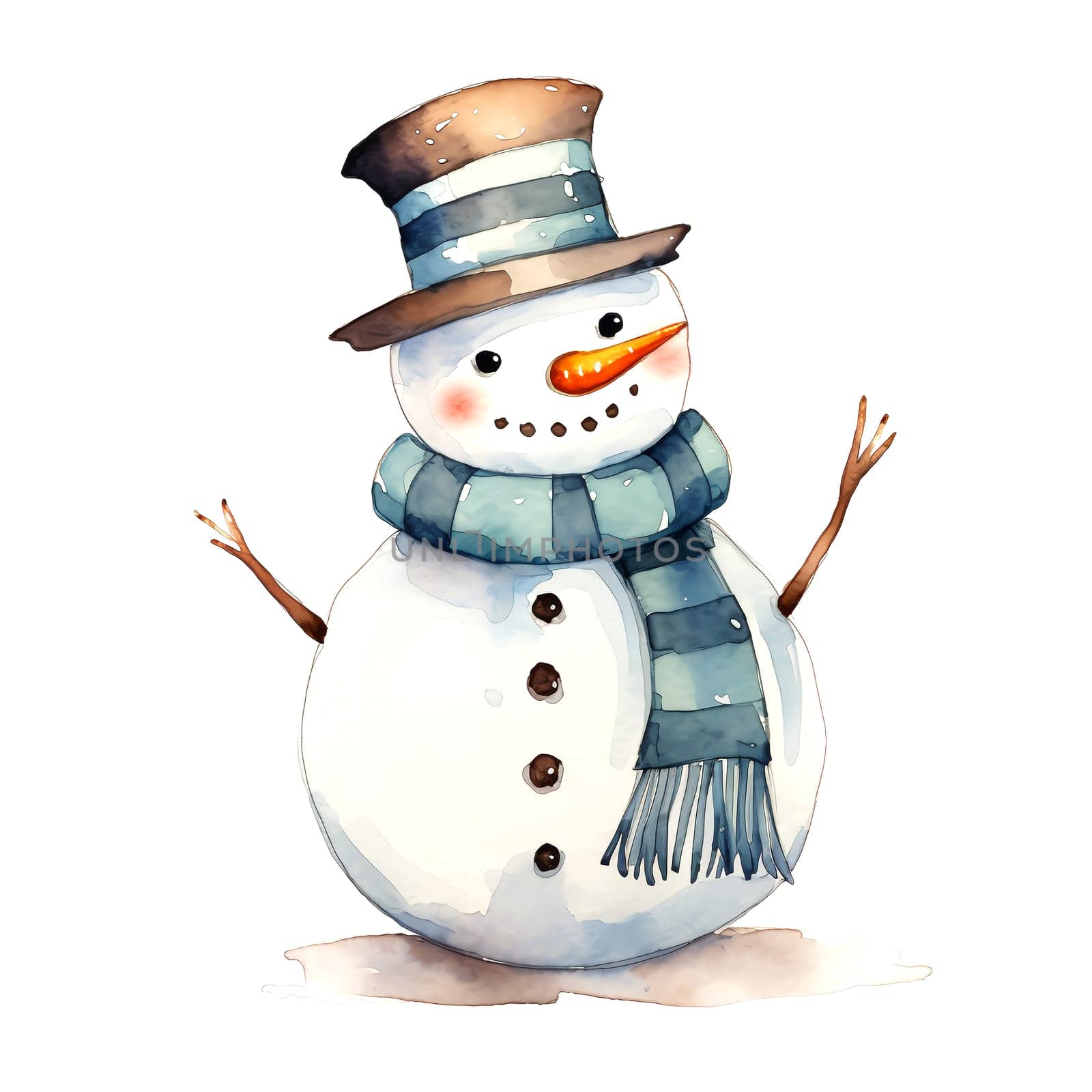 Watercolor Christmas Snowman Clipart is a great choice for creating cards, invitations, party supplies and decorations. AI generated.