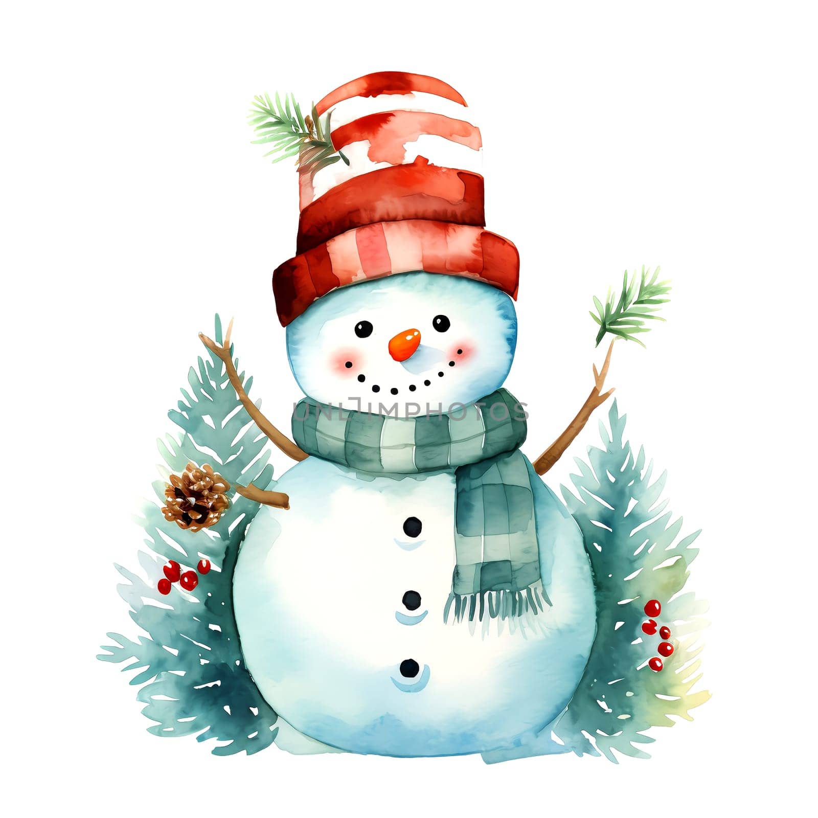 Watercolor Christmas Snowman Clipart is a great choice for creating cards, invitations, party supplies and decorations. AI generated.