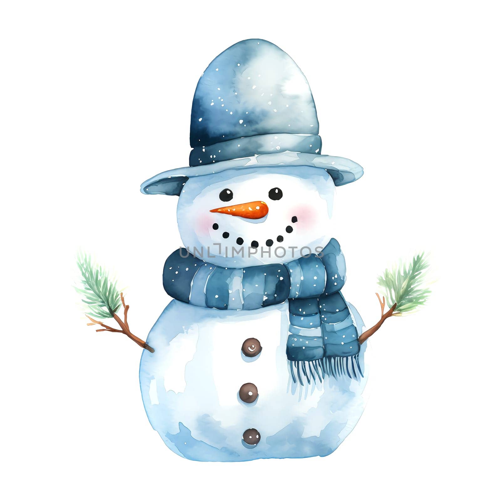 Watercolor Christmas Snowman Clipart is a great choice for creating cards, invitations, party supplies and decorations. AI generated.