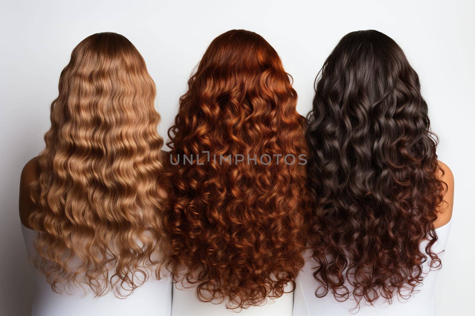 Curly curls of brunette, blonde and redhead girls on a white background.