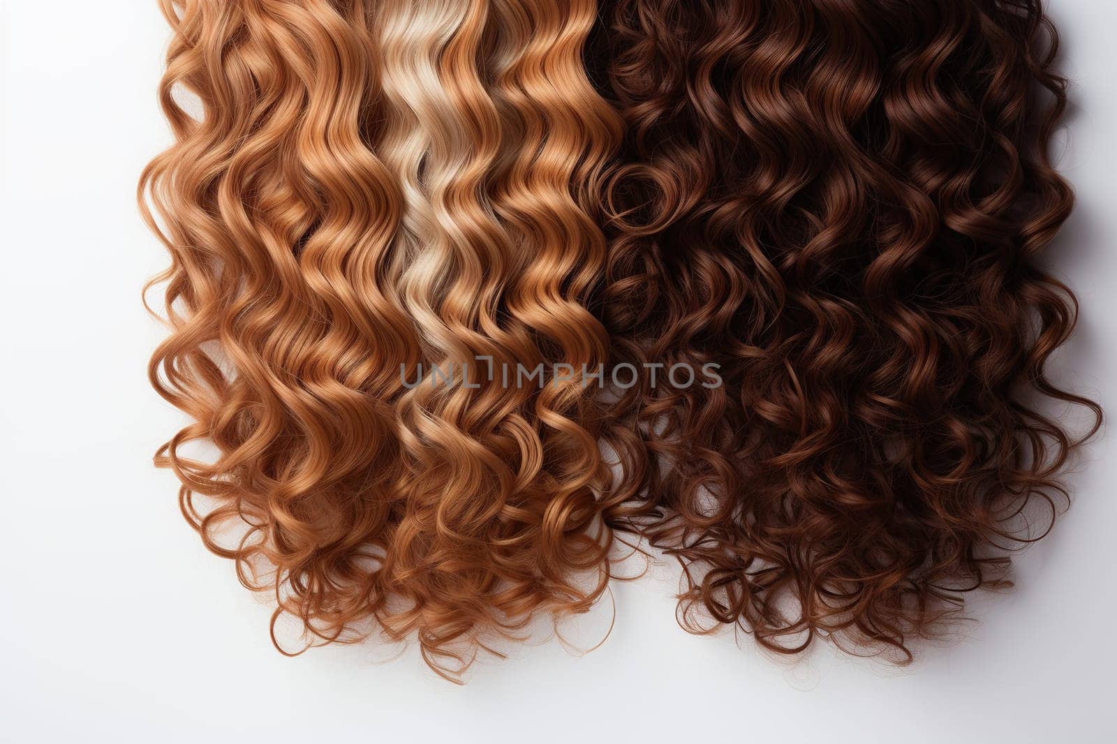 Curly curls of a blonde and a brunette on a white background. Hair coloring. Hairdressing treatments. Generated by artificial intelligence by Vovmar