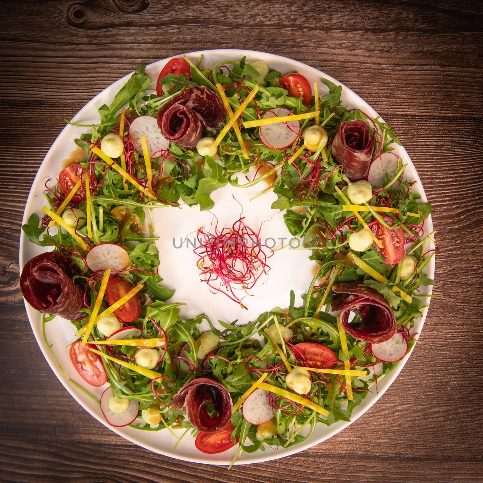 Tasty salad ham with fresh vegetables on wooden background, High quality photo