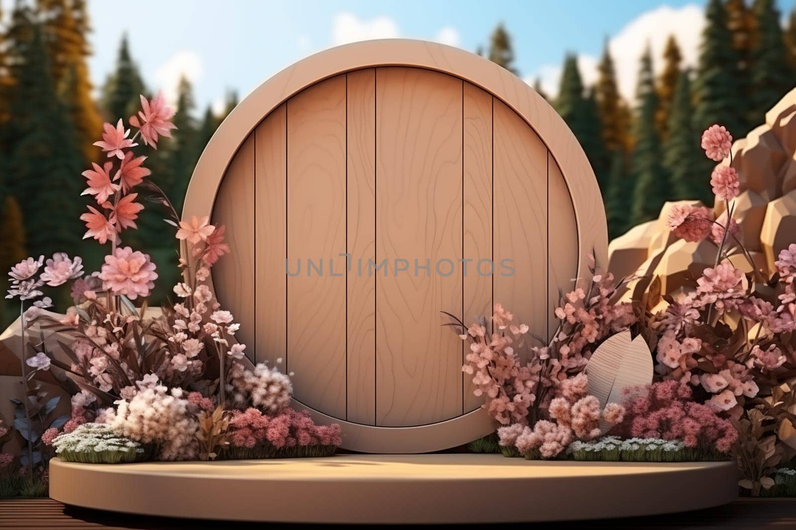 Wooden 3D podium with plants for the presentation of natural products.