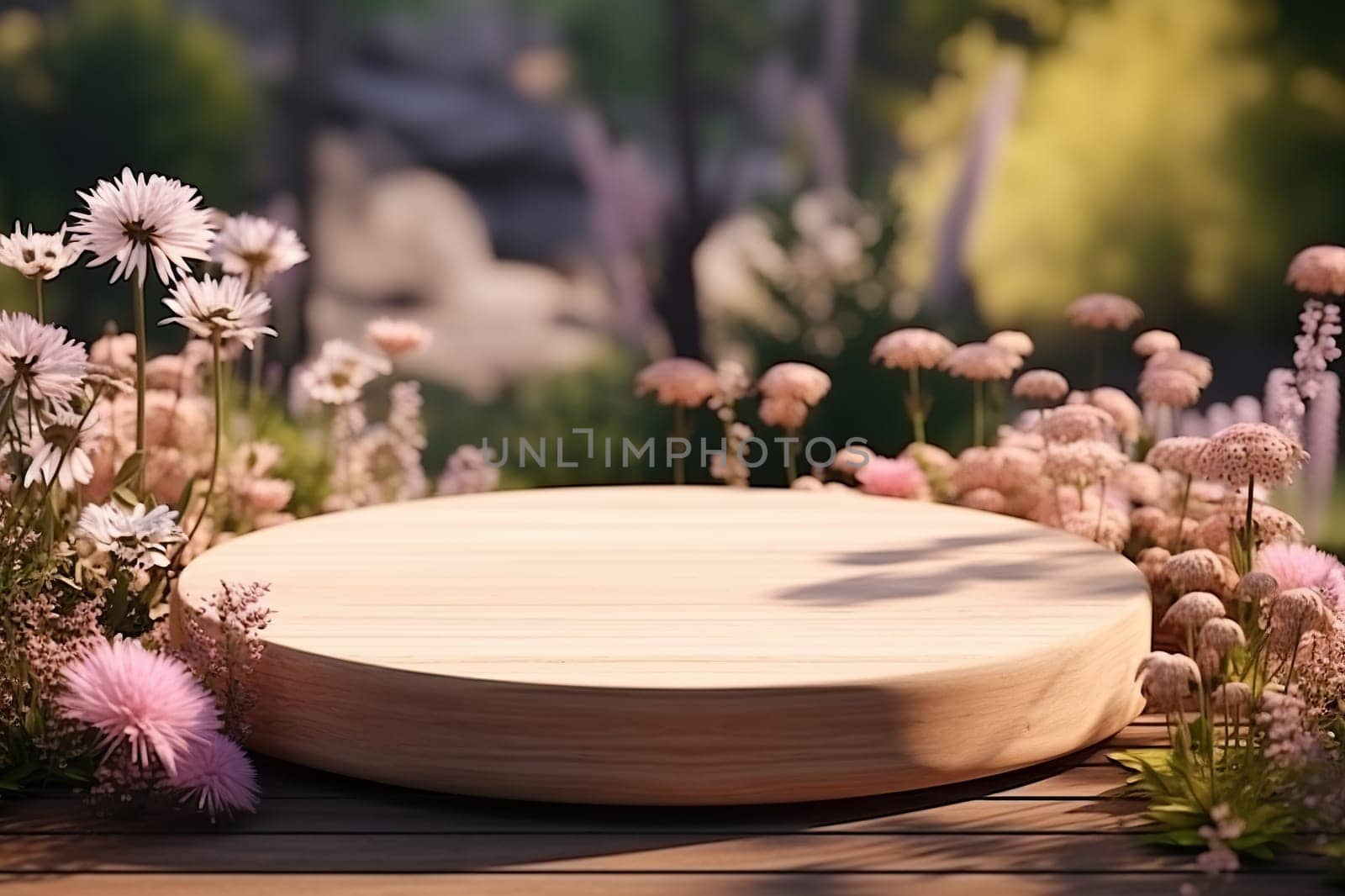 Wooden podium in nature with flowers. Blurred nature background. Stand for placing natural products.