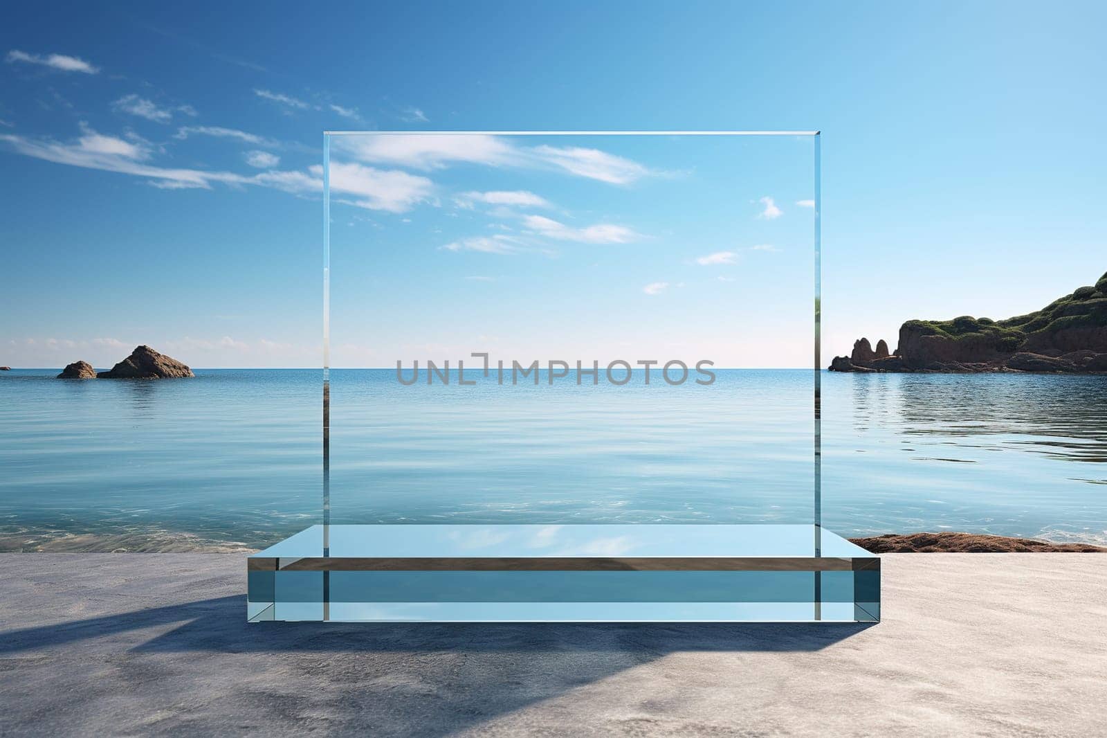 Glass transparent rectangular podium on a stone against the background of the sea.