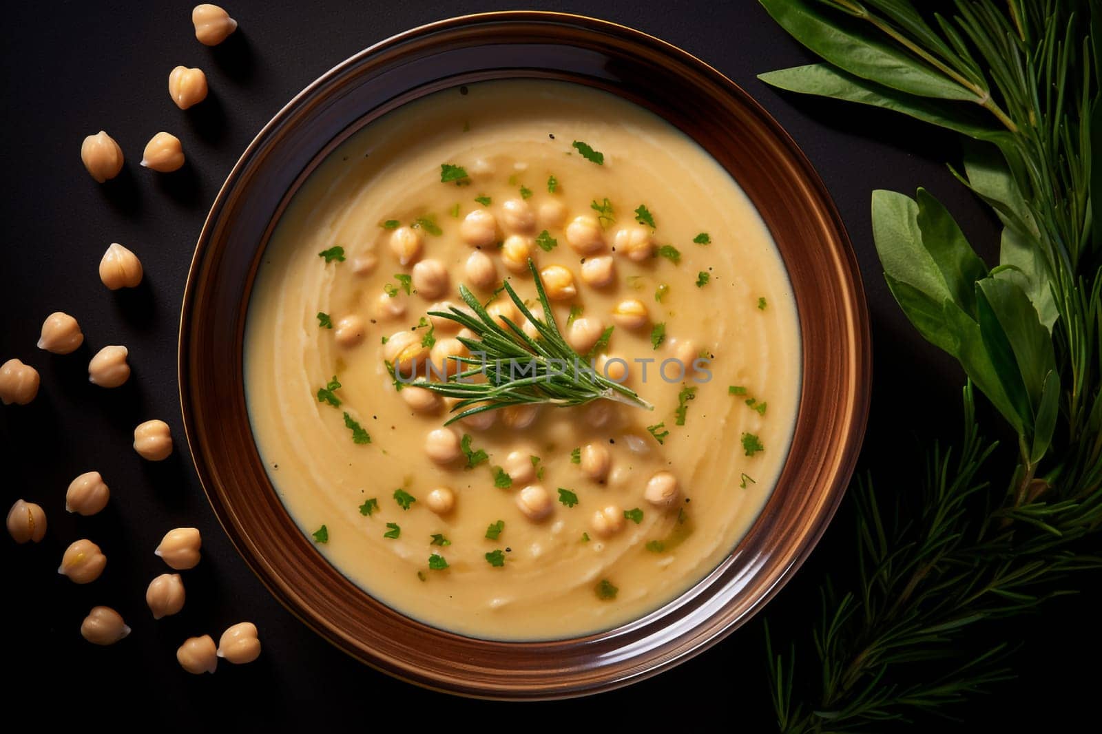 Chickpea soup, traditional Italian winter dish, in Umbria. A warm and nourishing soup made with chickpeas and flavors such as rosemary and garlic. on a white plate in a elegant restaurant decorated for Christmas time. Healthy vegetarian food