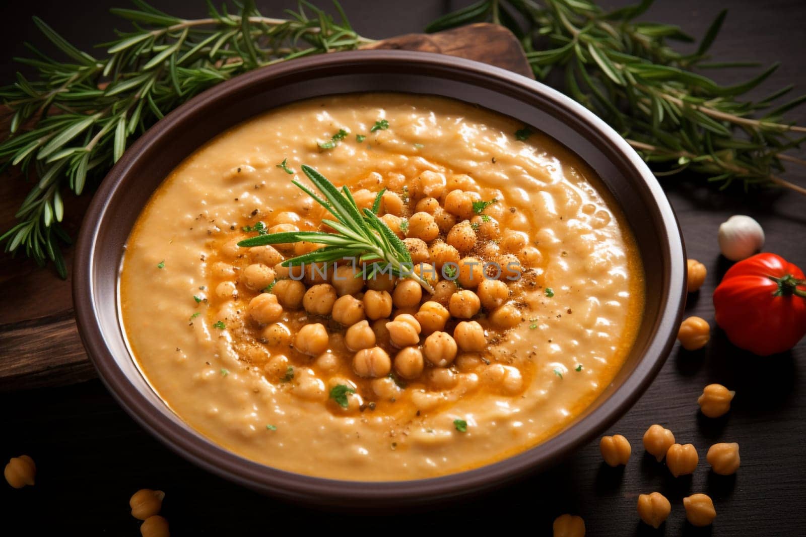 Chickpea soup, traditional Italian winter dish, in Umbria. A warm and nourishing soup made with chickpeas and flavors such as rosemary and garlic. on a white plate in a elegant restaurant decorated for Christmas time. Healthy vegetarian food