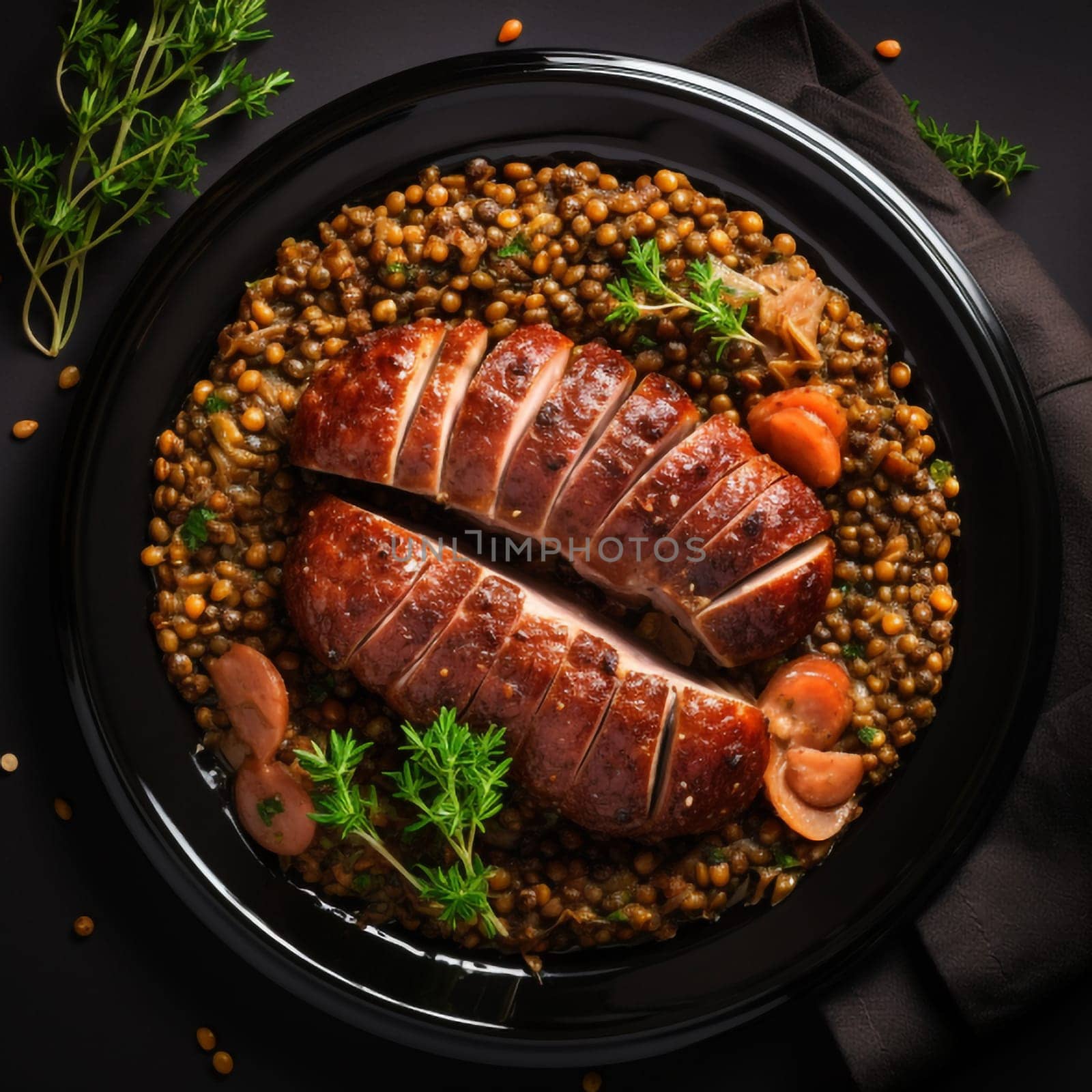 Cotechino with lentils raditional a Emilia-Romagna dish, with sausage served with lentils, symbolizing luck and prosperity for the new year.