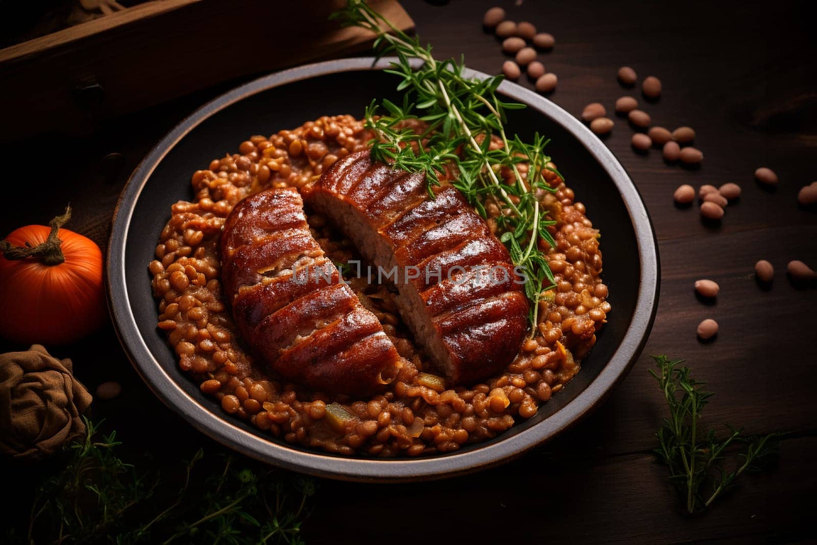 Cotechino with lentils raditional a Emilia-Romagna dish, with sausage served with lentils, symbolizing luck and prosperity for the new year.