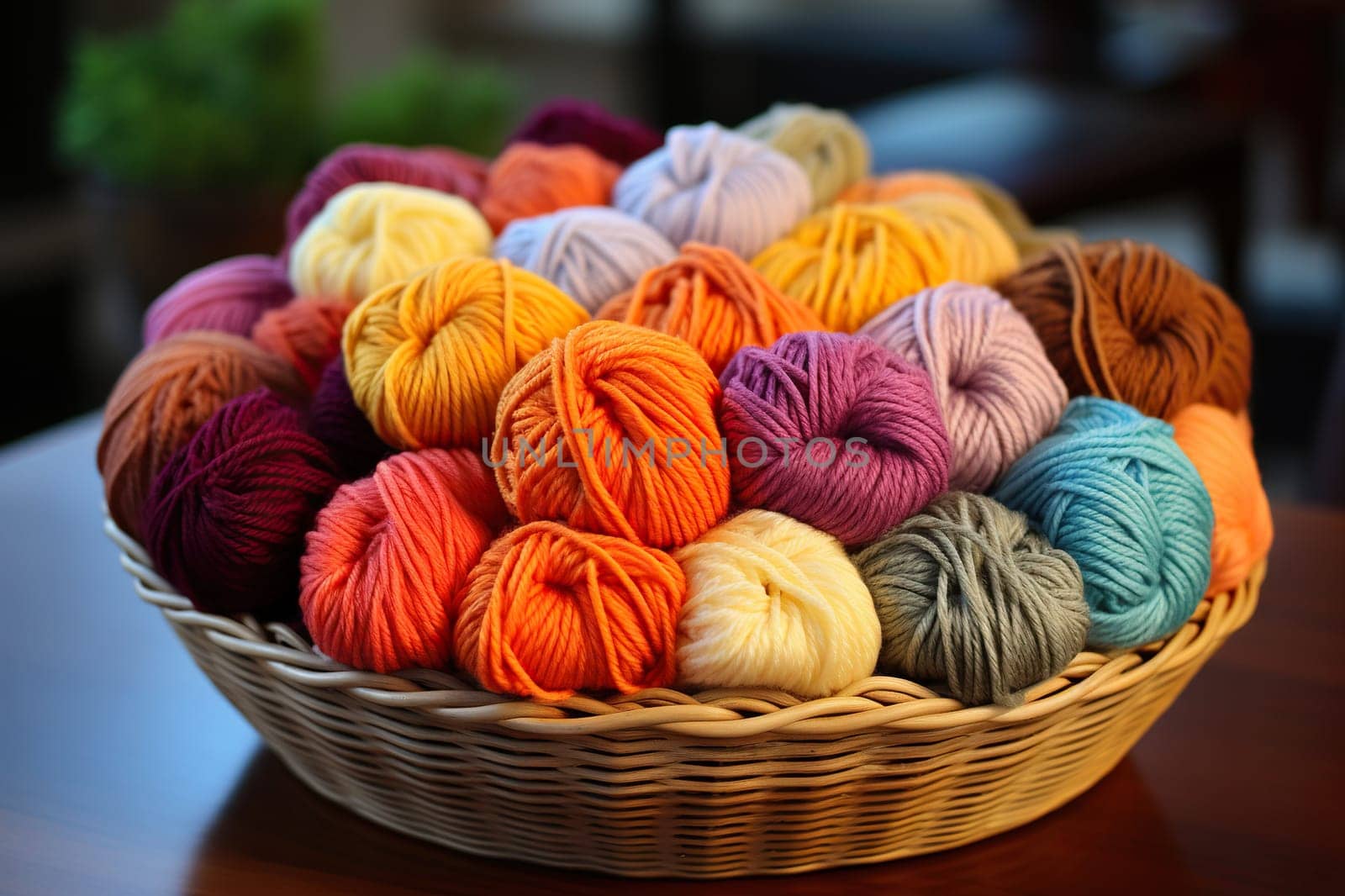 A basket with balls of yarn for knitting on the table. Hobby.