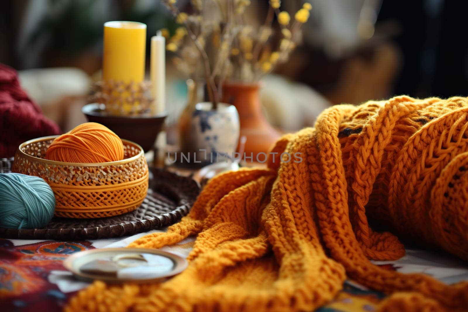 Knitting. Orange yarn and balls of thread on the table.