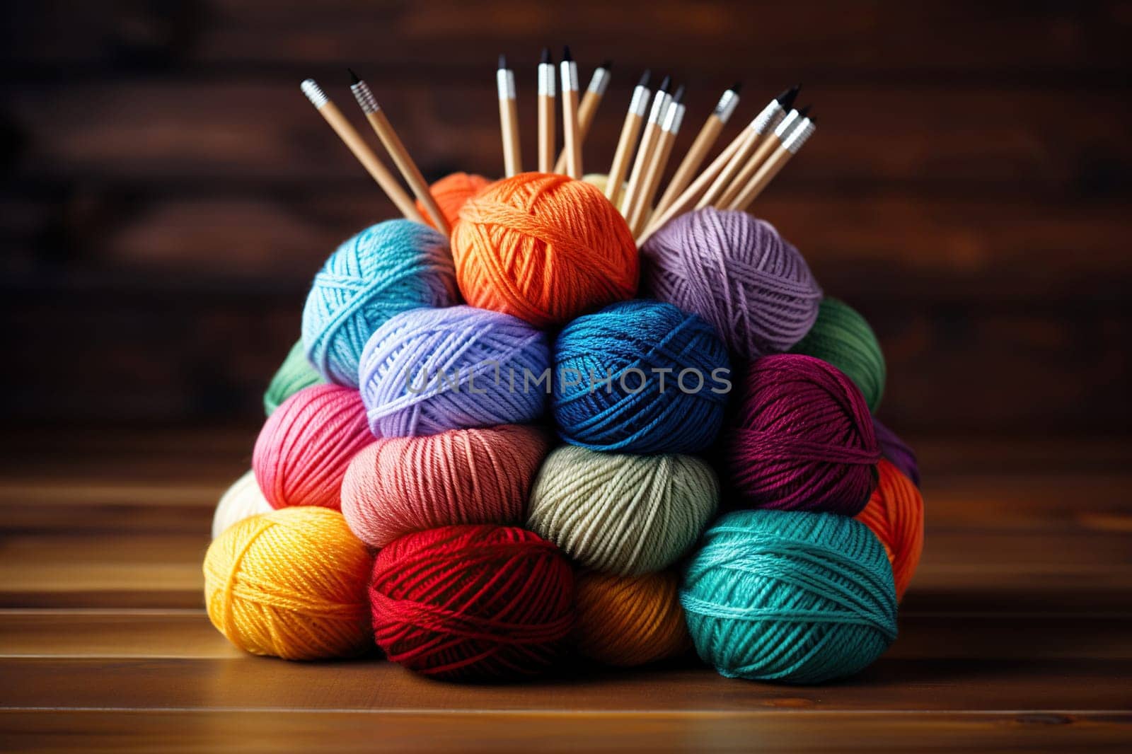 A large stack of balls of yarn with knitting needles on a wooden table.