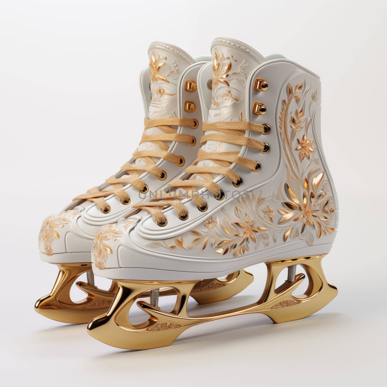 Luxurious, white with gold pattern, ice skates, standing isolated on white background.