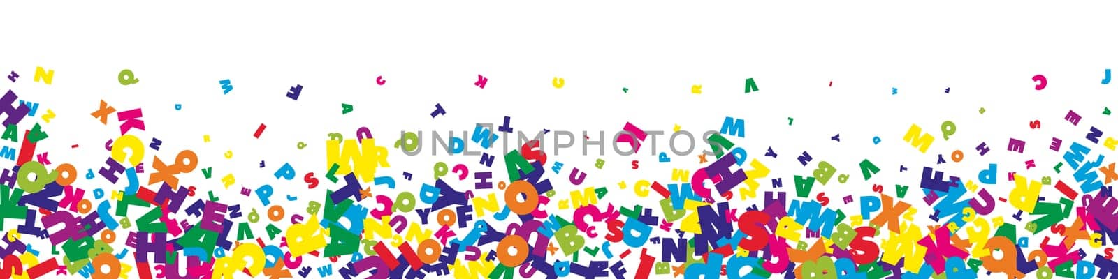 Falling letters of English language. Bright flying words of Latin alphabet. Foreign languages study concept. Eminent back to school banner on white background.