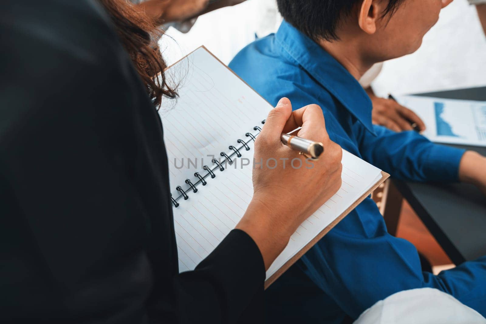 Group of diverse office worker employee working together on strategic business marketing planning in corporate office room. Positive teamwork in business workplace concept. Prudent